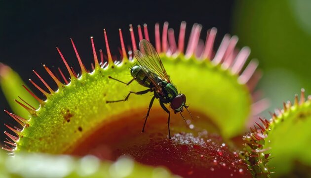 Detail of fly on sensitive Venus flytrap trap leaf.