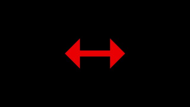 Bright red double headed arrow icon pointing in opposite directions isolated on a solid black background representing horizontal movement or bidirectional growth and navigation