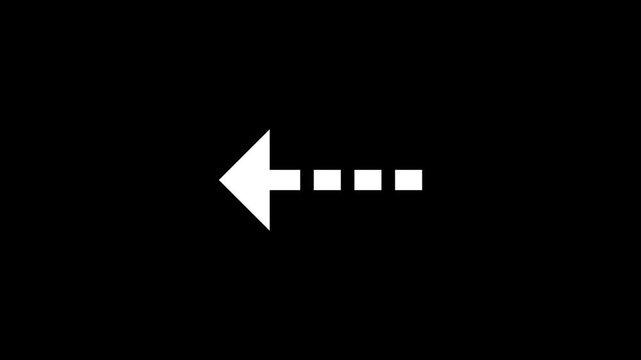 Simple white arrow pointing to the left made with a dashed line on a solid black background used for navigation and digital interface design elements for web and mobile apps
