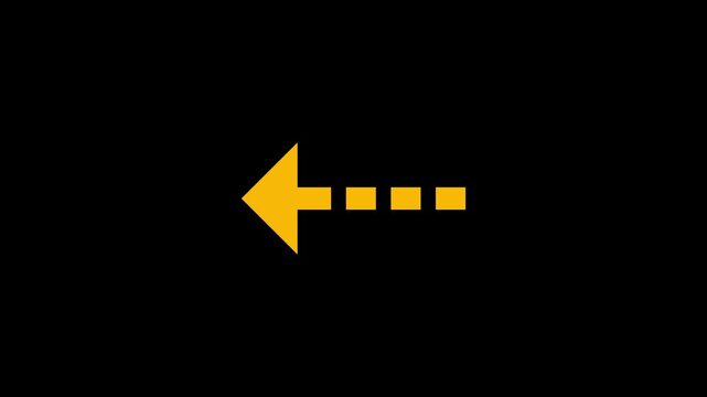 A bright yellow arrow pointing to the left made of a solid triangle head and a dashed line tail isolated on a simple black background for navigation and design usage