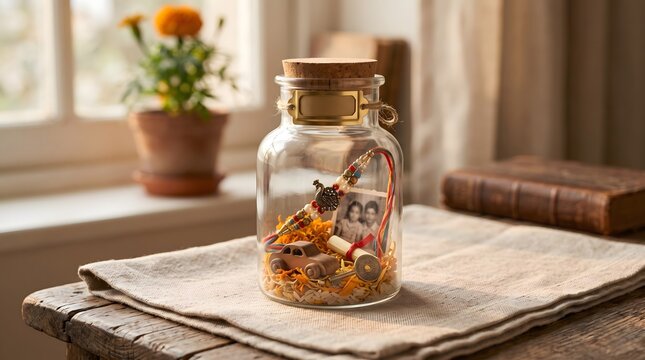 Decorative Glass Memory Jar with Dried Flowers and Traditional Rakhi Keepsake