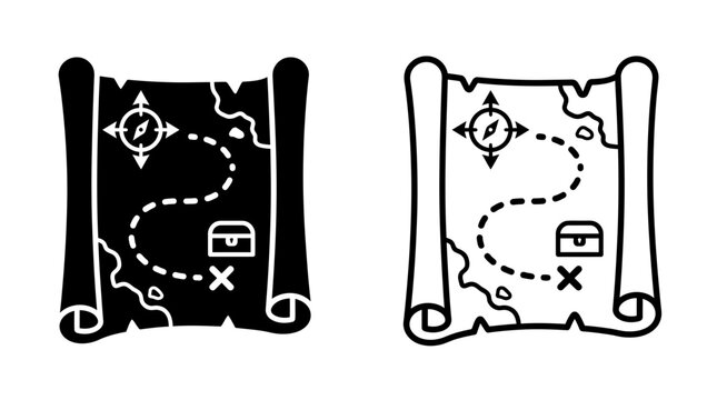 Vintage treasure map with compass and chest vector icon set treasure adventure