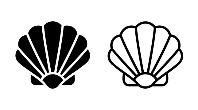 Seashell sea shell marine animal silhouette and outline vector icon set with seashell