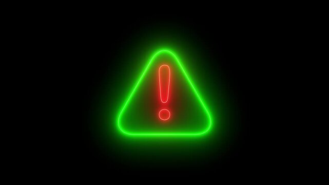 Neon glowing green triangle warning sign with a bright red exclamation mark in the center against a dark black background representing danger and digital alerts for user interfaces