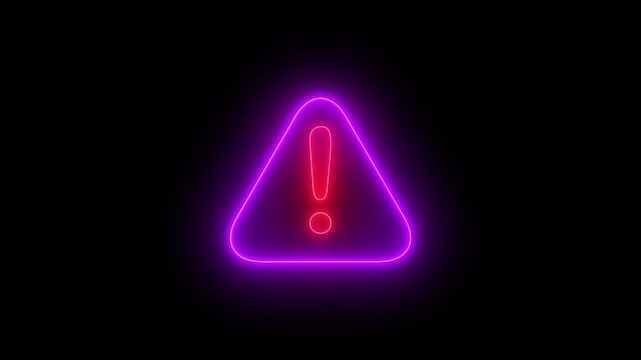 Bright glowing neon purple warning sign with a red exclamation mark inside a triangle shape on a dark black background representing danger and alert notification for web interface