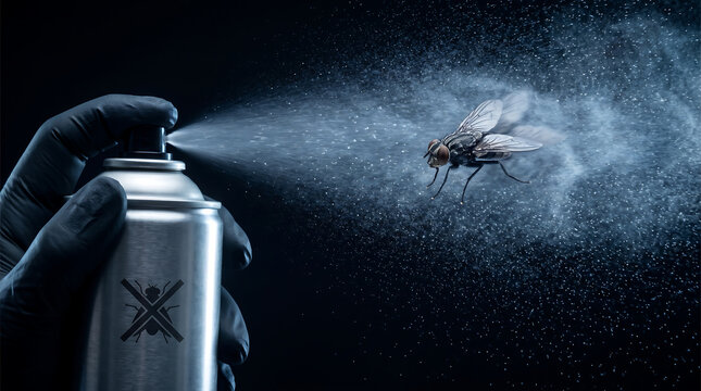 Aerosol insecticide spray can being used to exterminate a housefly pest against dark background with extermination housefly exterminator chemical background droplets