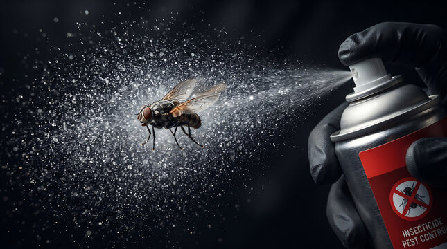Insecticide spray can killing a housefly pest close up view against dark background with extermination housefly exterminator chemical background droplets container