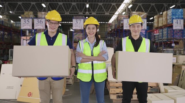 Portrait of three happy Asian warehouse workers male and female in safety workwear standing together with arms crossed and smiling looking at camera with cheerful expressions in distribution factory. 