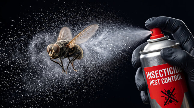 Hand in black glove spraying insecticide on fly with particles of pesticide flying around dark background close up.