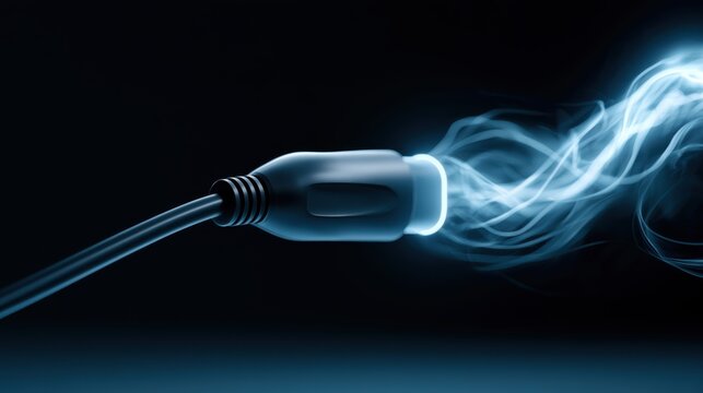 An electrical plug connecting with bright blue energy sparks and smoke emanating from the connection point, on a dark background