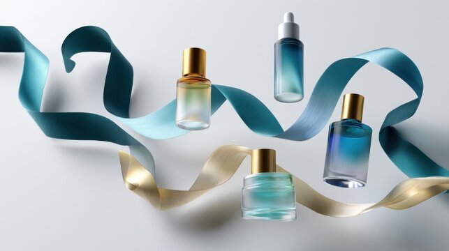 Luxury perfume bottles arranged elegantly with flowing ribbons. The glass bottles have gradient colors and gold caps, suggesting sophistication and a high-end product