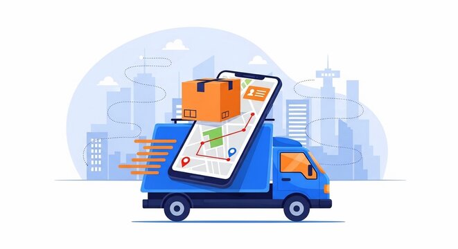 Digital Delivery Truck Navigating Urban Landscape