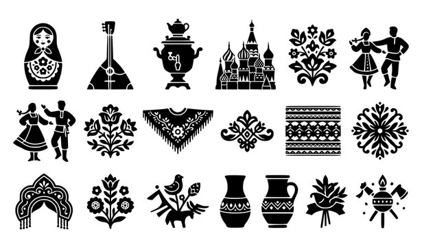 Russian Folk Art and Cultural Icon Set with Traditional Dancers Matryoshka Kremlin Samovar Floral Patterns and Ethnic Ornaments Silhouette Vector Illustration