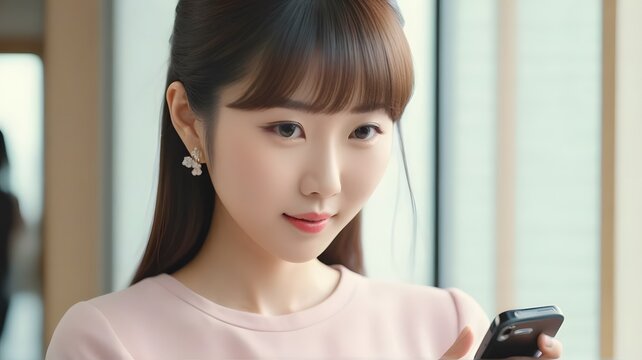 Young Asian woman in light pink top looking down thoughtfully at smartphone near bright window for corporate stock photo presentation website background header element