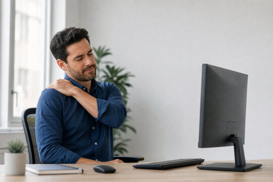 Office worker with shoulder pain at a computer desk