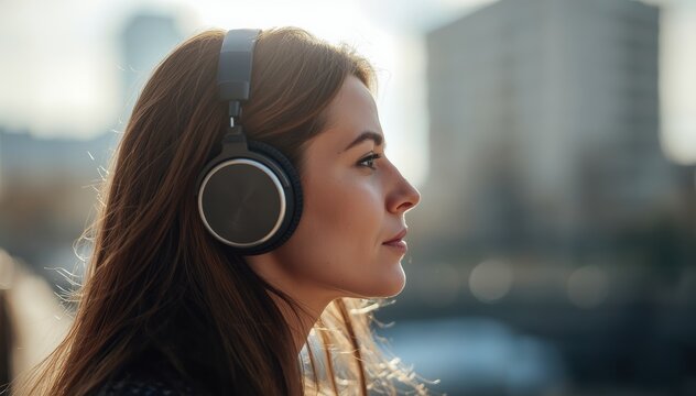 A young woman with long hair listens intently to music on large headphones against a blurred urban background during daylight.