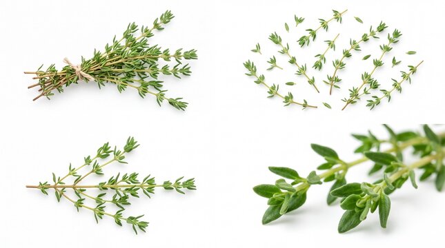 Fresh green thyme herb sprigs and leaves collection