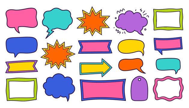 Bright collection of colorful speech bubbles, star bursts, frames, and arrow shapes in flat hand-drawn style for chat and design use