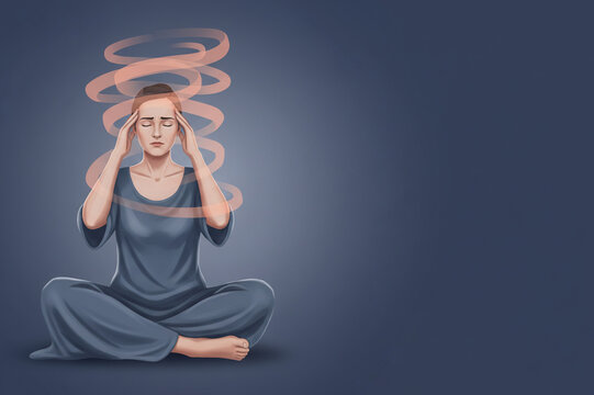 A drawing of a woman sitting with her hands on her head, surrounded by a small swirl at face level; her eyes are closed, and her expression indicates pain or discomfort.