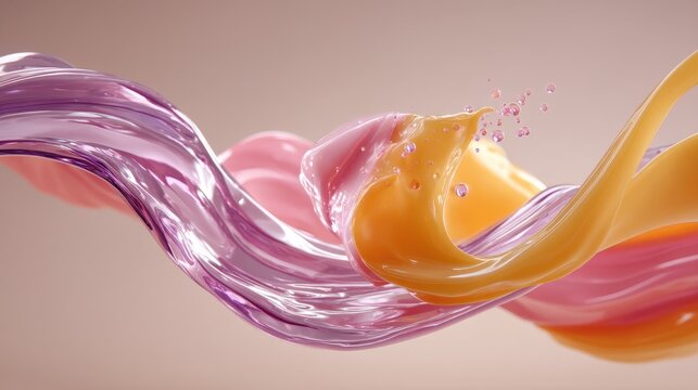Colorful liquid swirl with flowing textures in pastel shades of pink, purple, orange and yellow on a soft gradient background