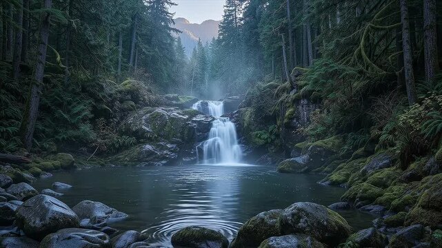 Beautiful cascading water flowing down a rocky stream in a lush mountain forest
