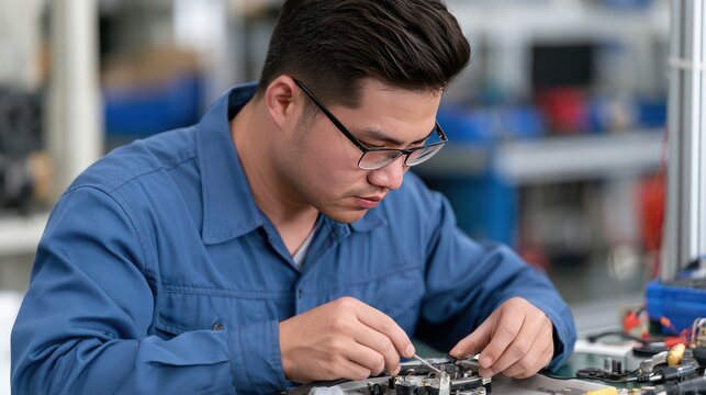 A young technician intently working on a complex electronic circuit board, his focus absolute as he makes precise connections, showcasing dedication to his craft.