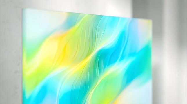 Modern television showing vibrant colorful abstract waves on screen inside room