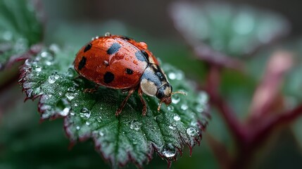 Fototapeta premium Ladybug on green leaf with raindrops, close-up with blurred plant branches background in soft natural light, capturing delicate details, fresh nature and serene outdoor atmosphere.
