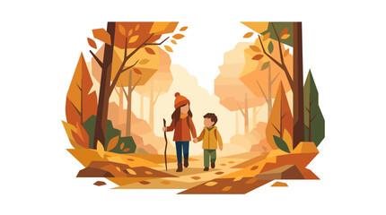 Family walking on autumn forest path illustration