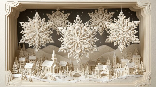 3D Papercut Snowflake Shadowbox Art of Winter Village