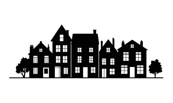Residential house silhouette icon set, urban neighborhood buildings architecture city community homes illustration design