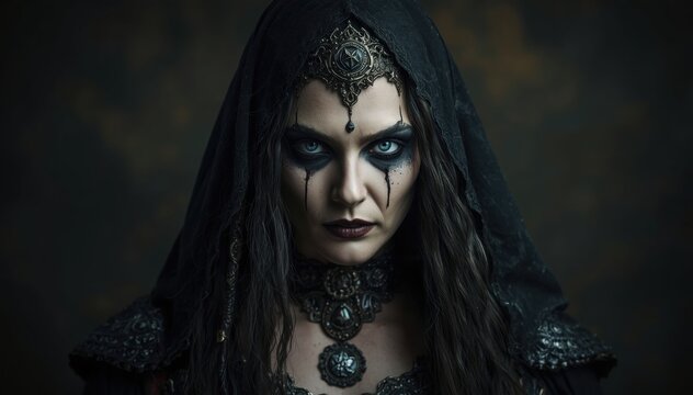 A woman with dark makeup and a black hood stares intensely, adorned with gothic jewelry and tear-like black streaks on her face.