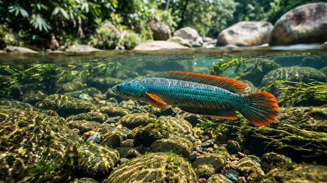 Vibrant blue snakehead fish swimming in a clear rocky freshwater stream