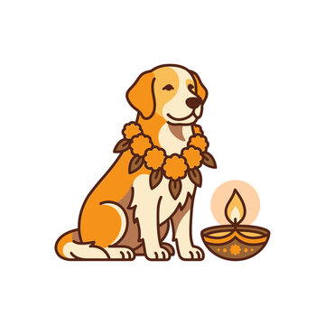 Golden retriever dog wearing marigold garland near diwali lamp.