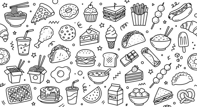 Hand drawn fast food doodle pattern, black and white snack icons background, cute street food vector illustrations for restaurant menus
