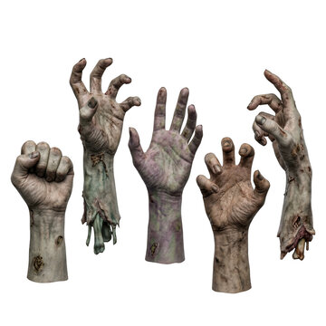 Set of scary zombie hands reaching out isolated on a white background