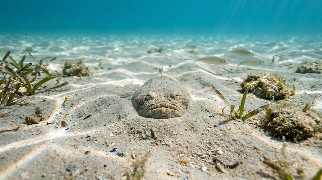 Camouflaged stargazer fish buried in sandy seabed under tropical ocean ripples during daylight