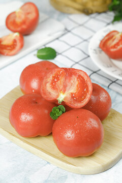 Fresh Red Tomatoes with Basil on Wooden Cutting Board - Healthy Organic Vegetables for Cooking