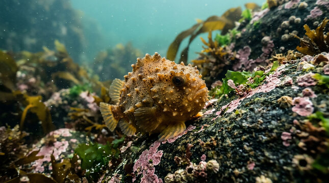 Spiny lumpsucker fish clinging to a rocky reef covered in algae and barnacles underwater