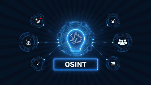 Open source intelligence osint cyber security graphic loop with glowing biometric fingerprint icon on dark technology background