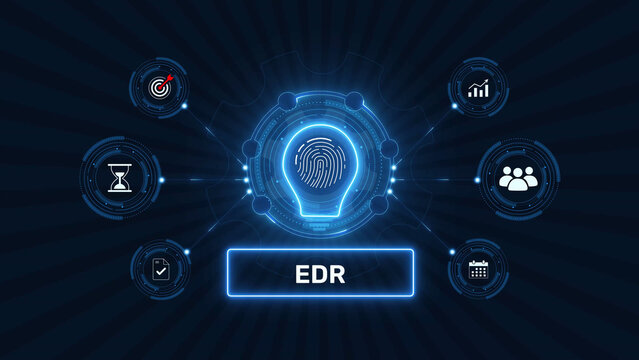 Endpoint detection and response edr cyber security graphic loop with glowing biometric fingerprint icon on dark technology background