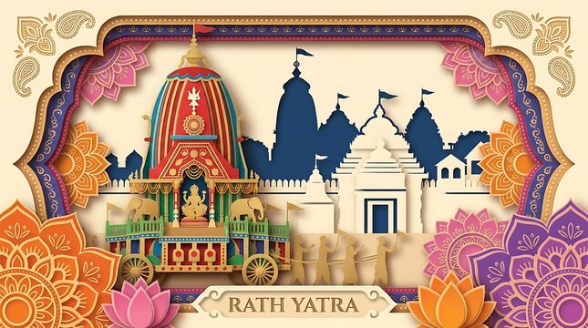 Paper cut style illustration of the Rath Yatra festival with chariot and temple silhouette.