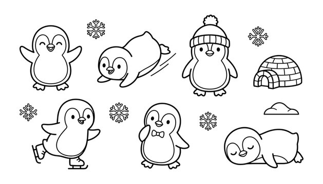 Cute cartoon penguin characters set for winter coloring book outline vector illustration isolated on white