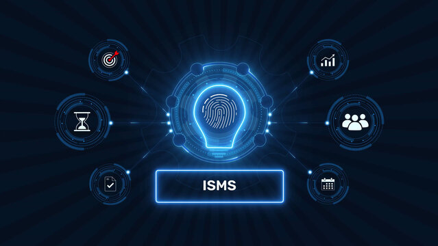 Information security management system isms graphic loop with glowing biometric fingerprint icon on dark technology background asset