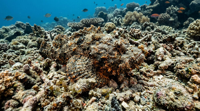 Camouflaged stonefish hiding among coral reef rocks underwater, showcasing natural predator disguise in tropical ocean habitat