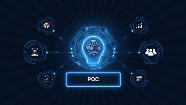 Proof of concept poc project validation graphic loop with glowing biometric fingerprint icon on dark technology background asset