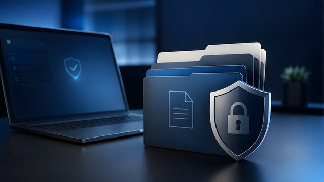 Secure digital document folders protected by a shield and padlock on a desk with a laptop representing confidential corporate data privacy and file encryption.