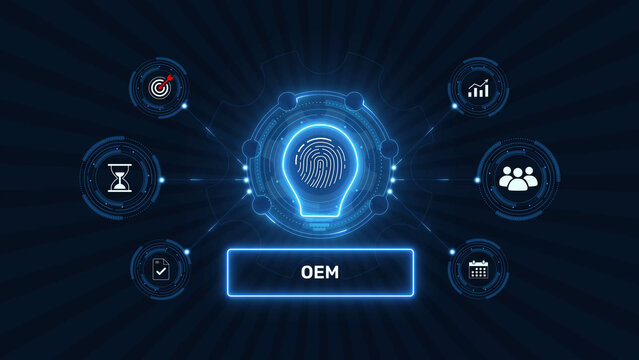 Original equipment manufacturer oem production and supply chain graphic loop with glowing biometric fingerprint icon on dark technology background