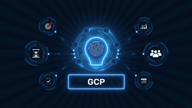Google cloud platform gcp infrastructure and cloud computing graphic loop with glowing biometric fingerprint icon on dark technology background