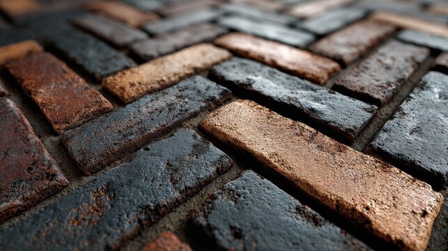 Seamless clinker paving slab texture in herringbone pattern with rough surface and sand joints, high contrast neutral lighting, realistic material for design and architecture